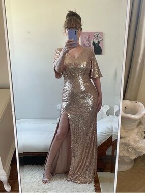 VINTAGE SYMPHONY ROSE GOLD SEQUIN MAXI DRESS ZIPPER V NECK FLUTTER SLEEVES LINED